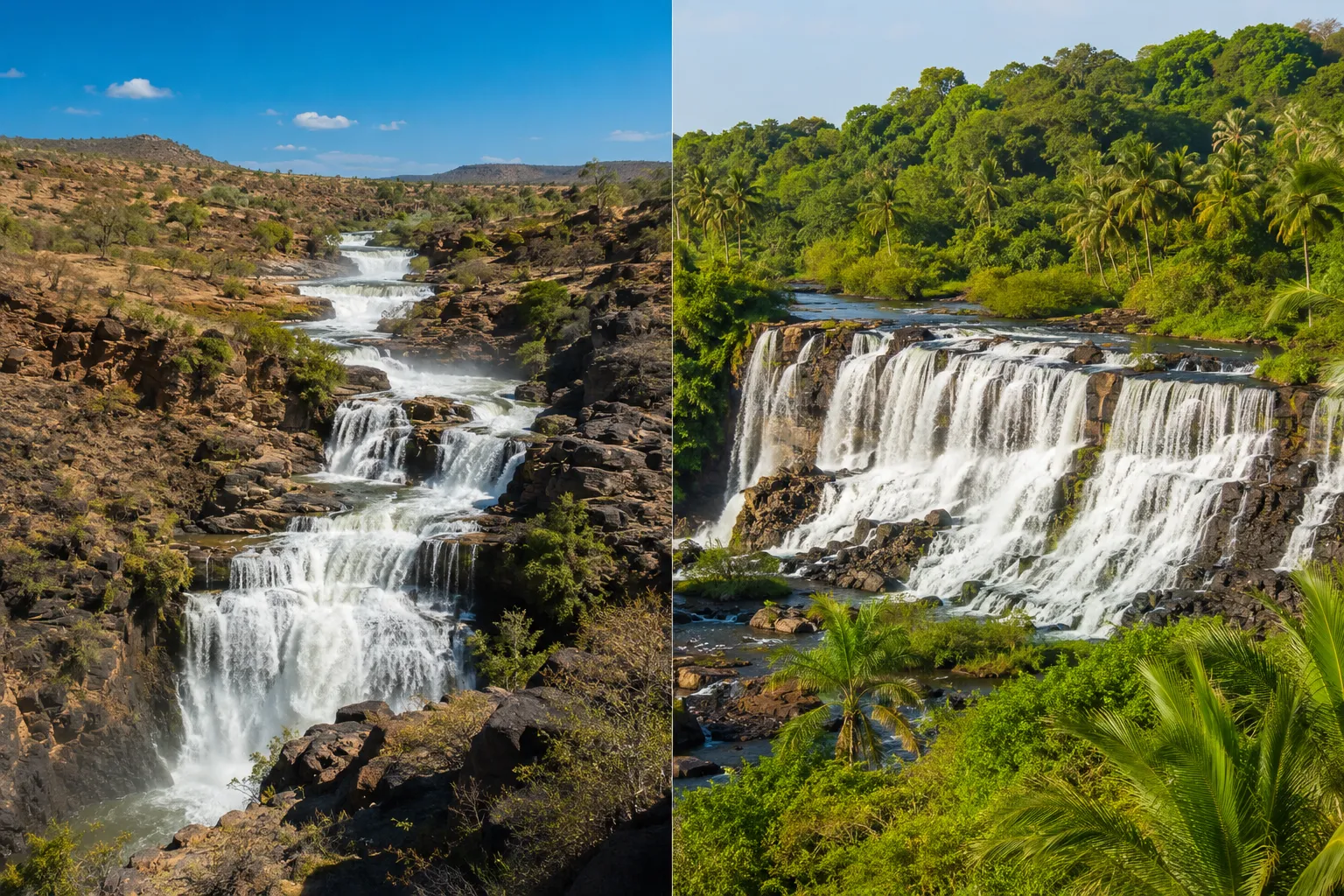 A rainbow over the mist of an Angolan waterfall