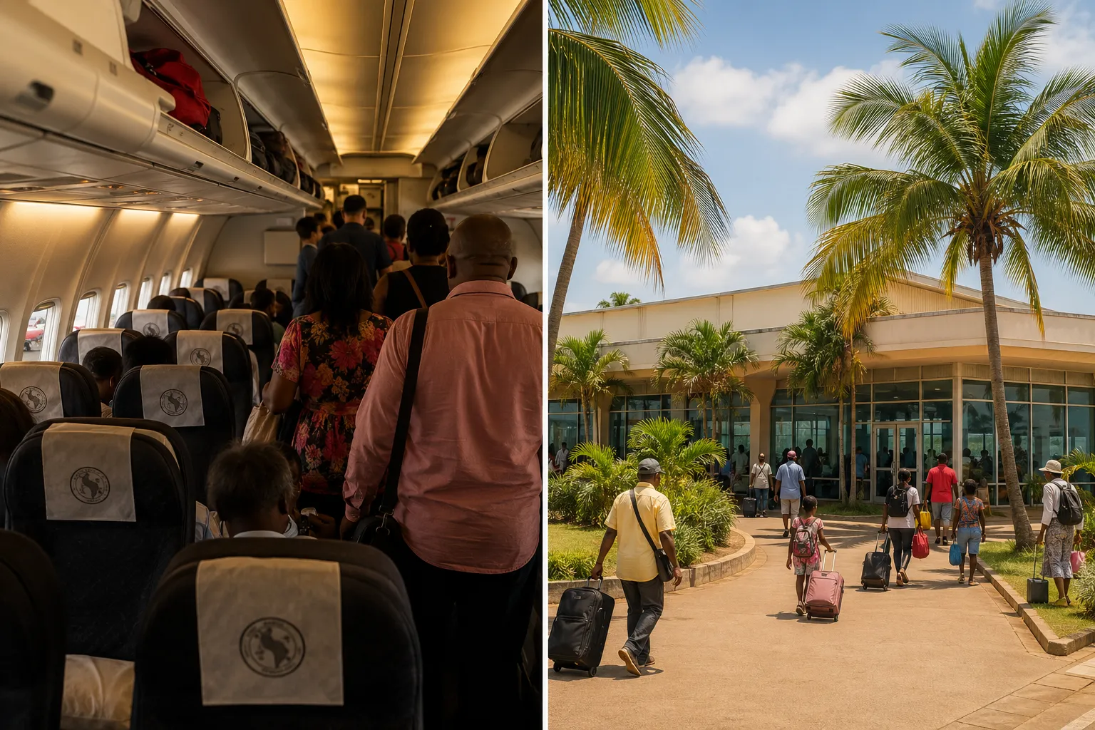 Flying to Cabinda: a TAAG cabin and the Cabinda airport terminal
