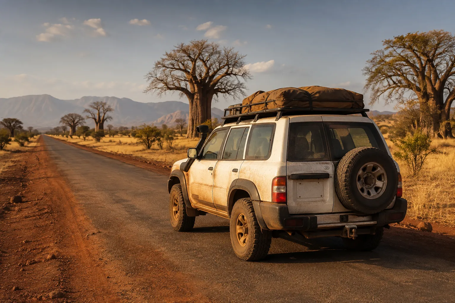 A dusty 4x4 parked on a red-earth road among baobabs in southern Angola