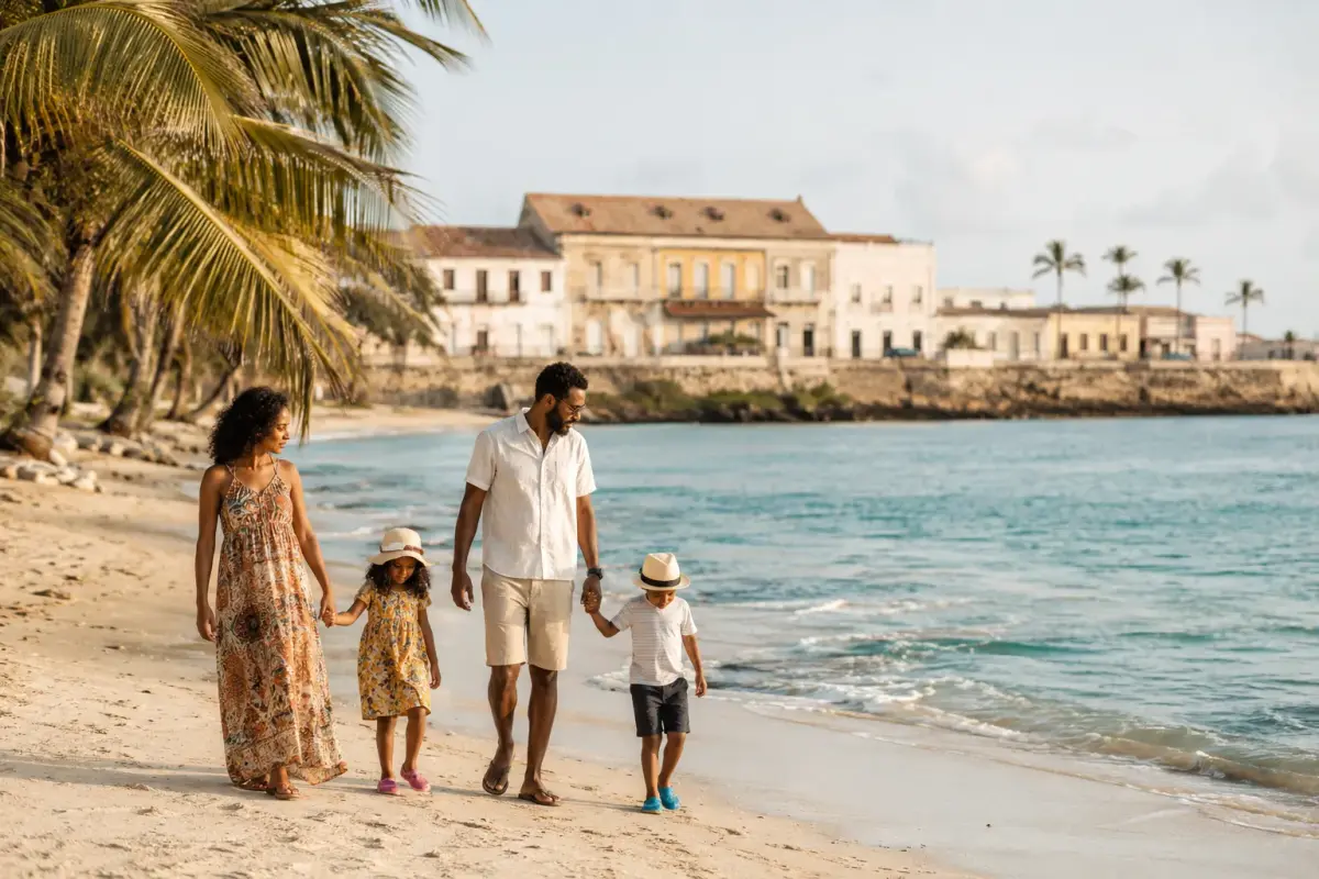 A family with young children walking along a sheltered Angolan beach in late afternoon light