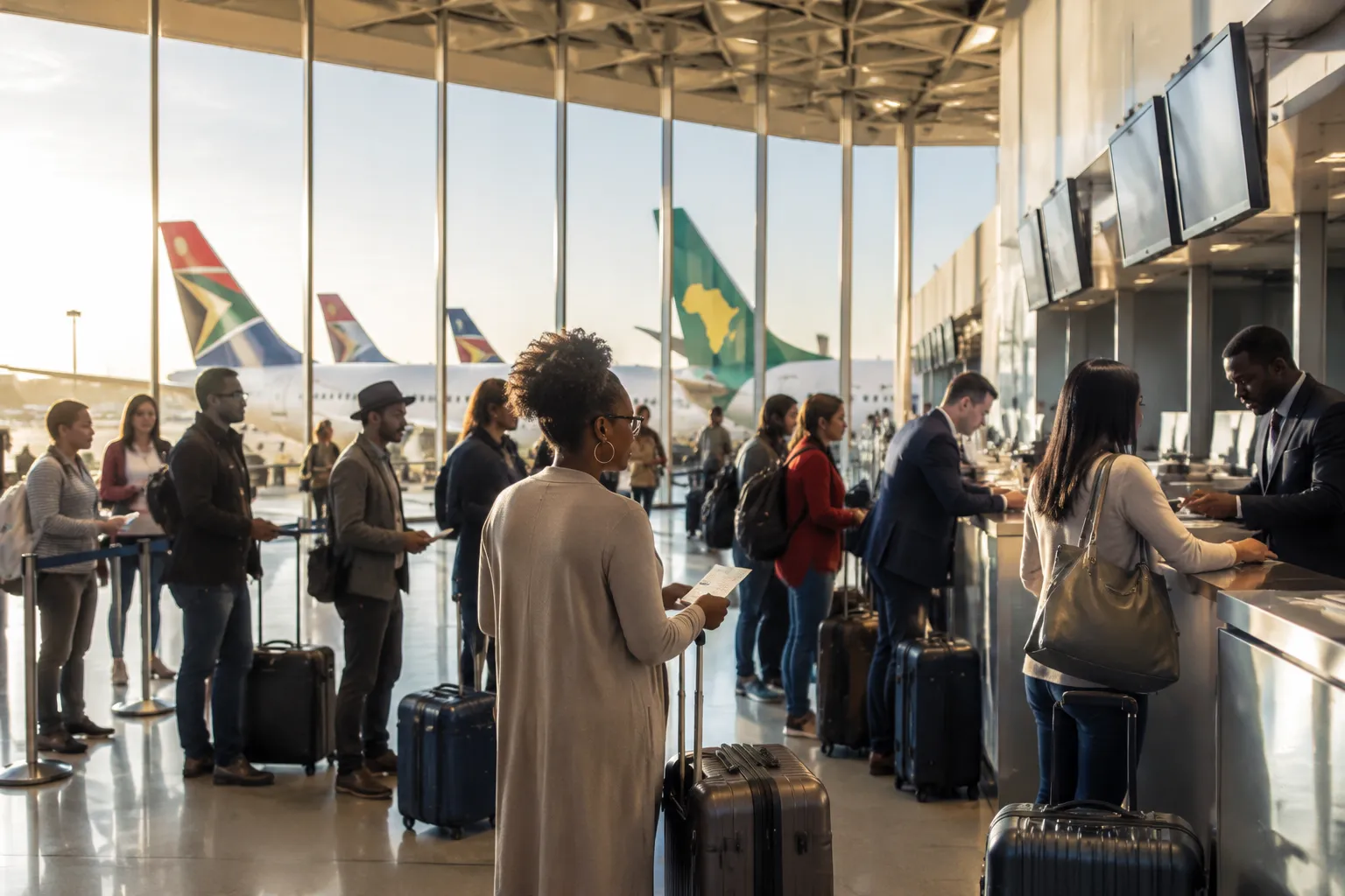A busy modern international airline check-in hall with diverse travellers queuing at the counters in warm morning light