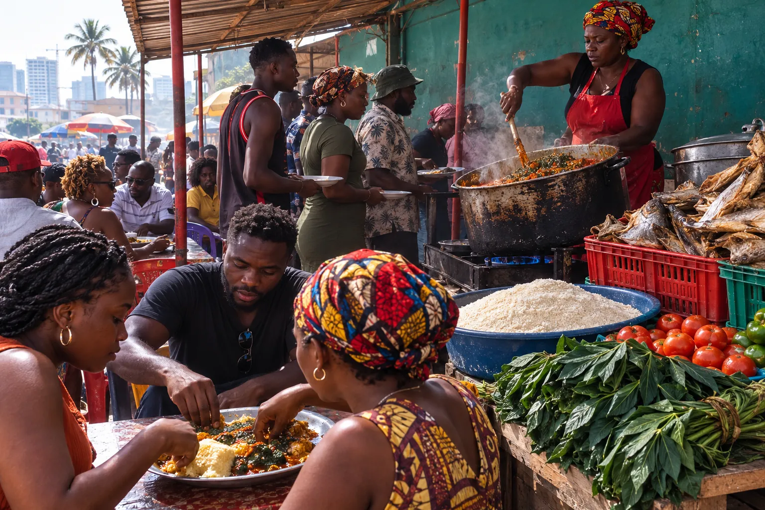 A cook stirring a large pot of calulu at an open-air eatery in Luanda