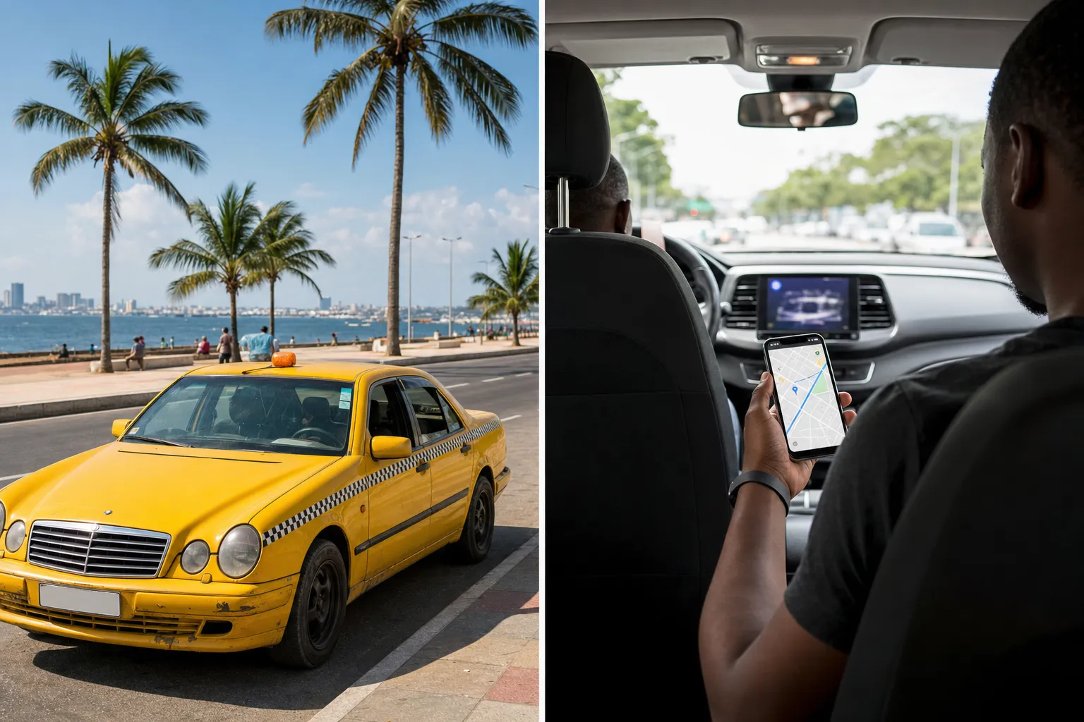 A yellow Luanda taxi and a passenger using a ride-hailing app