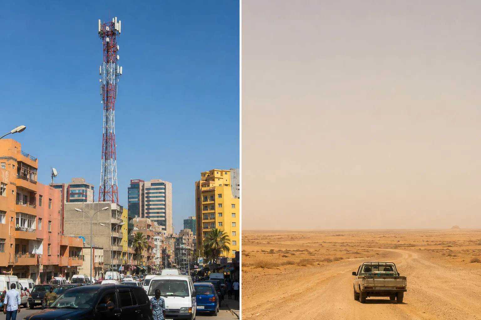 A telecom mast above a busy Luanda street beside an empty desert road with no infrastructure