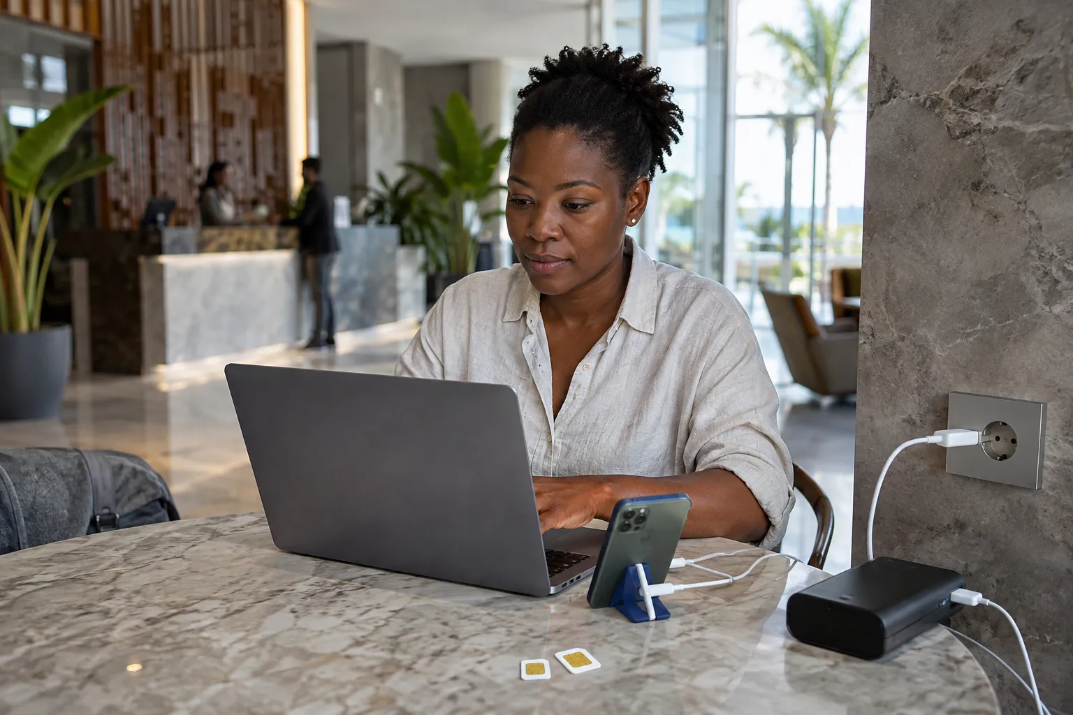 A remote worker with a laptop, phone hotspot and power bank in an Angolan hotel lobby