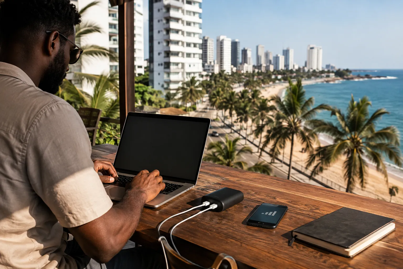 Someone working on a laptop at a shaded cafe table in Luanda with the Atlantic behind