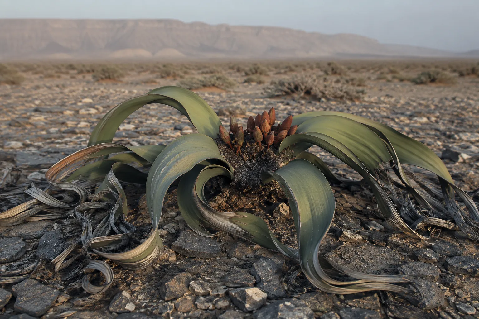 A mature Welwitschia mirabilis plant with fraying strap-like leaves on the gravel desert floor