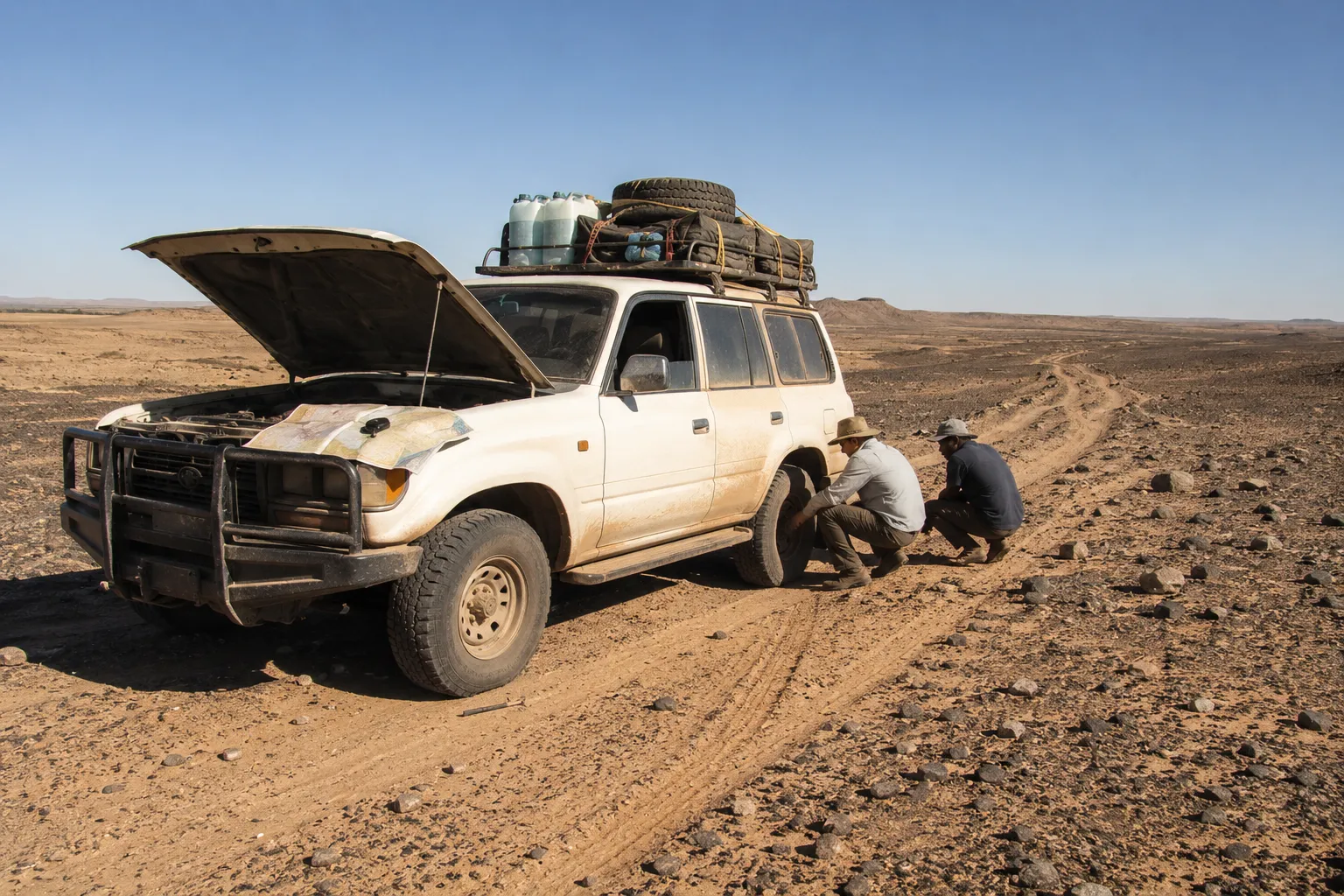 A dust-covered 4x4 loaded with jerrycans and spare tyres on a faint sandy track in the desert