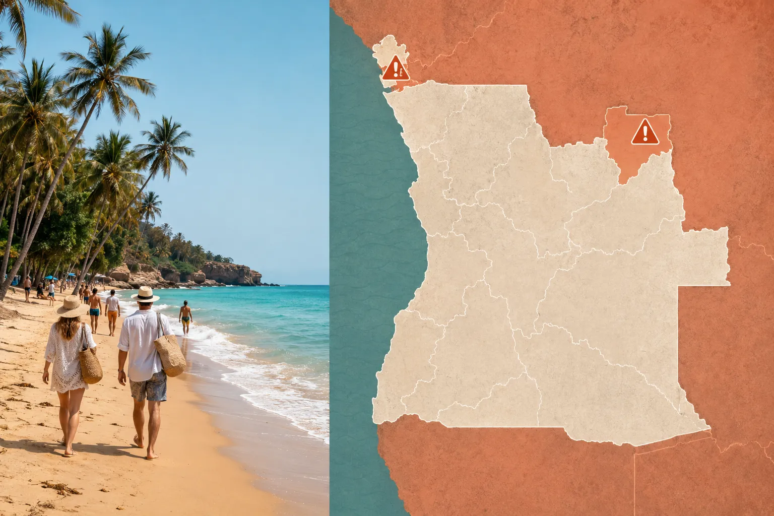 A sunny Benguela beach beside a stylised map of Angola marking regions to avoid