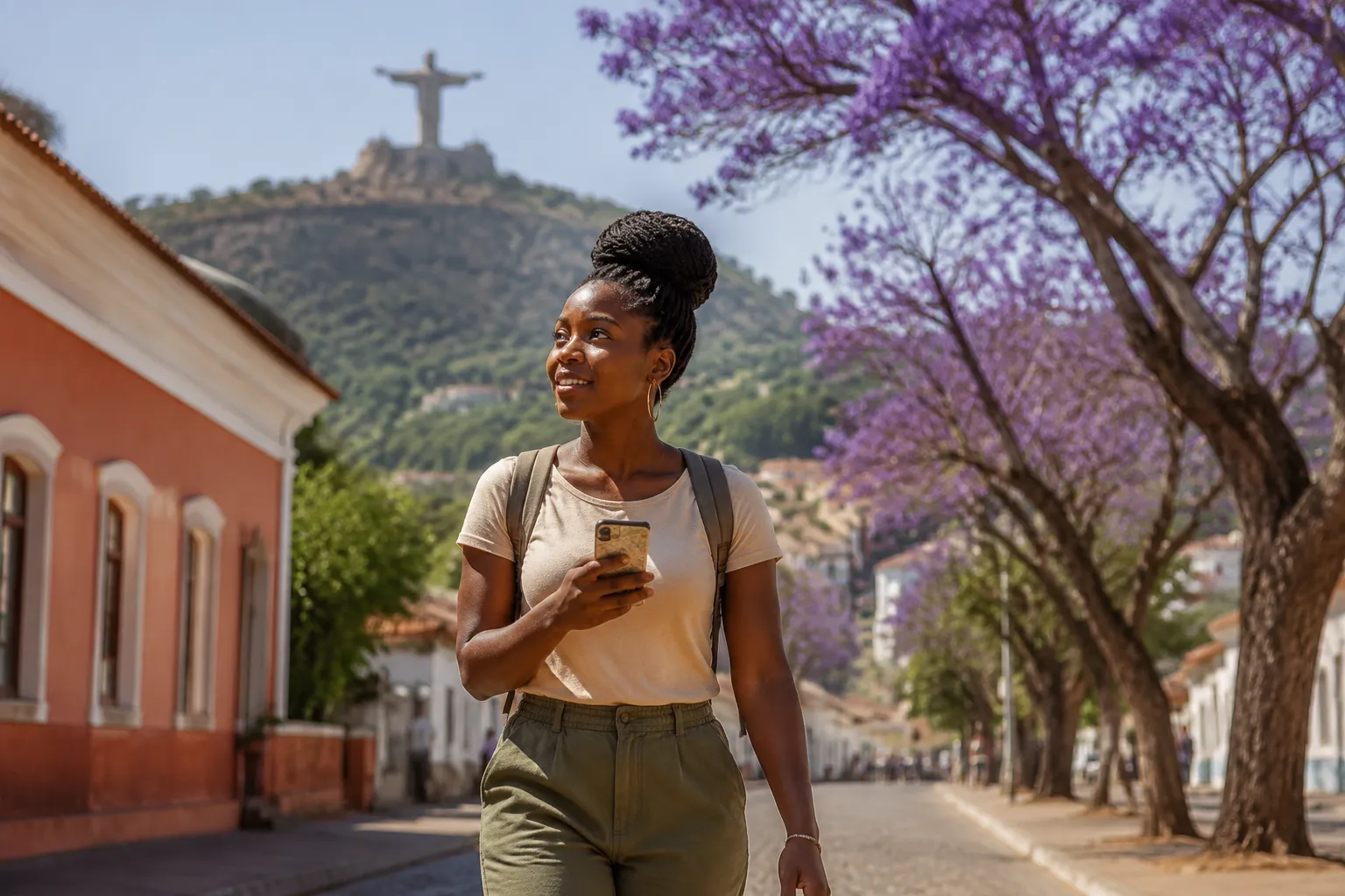 A solo female traveller walking confidently through the old town of Lubango