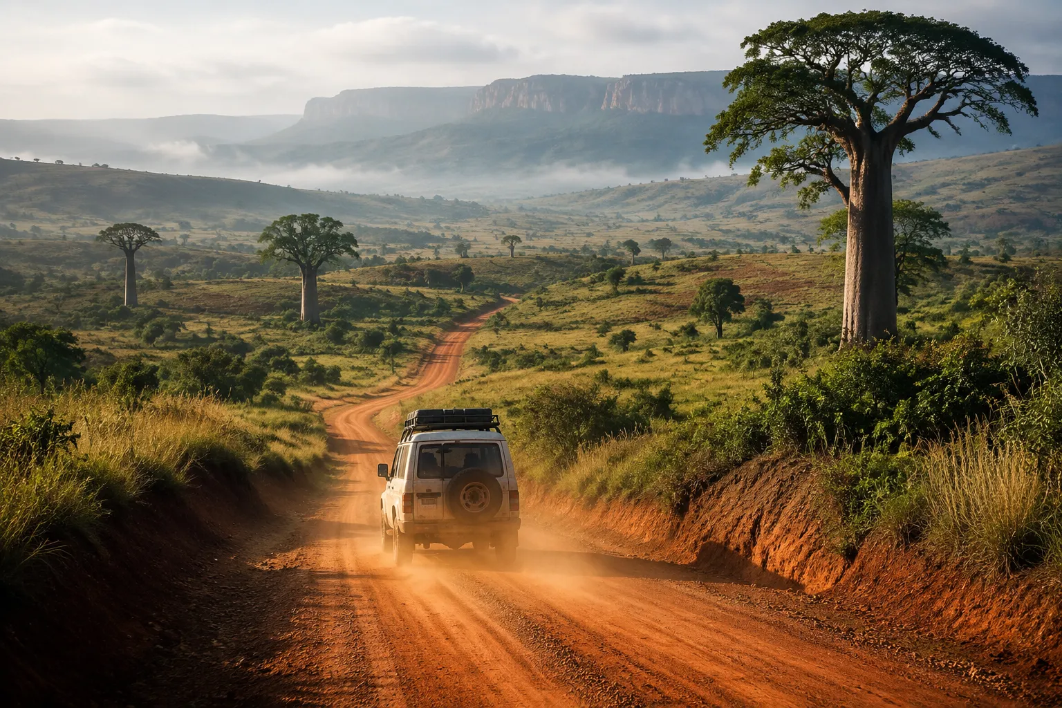 A red-dust road winding through the green Malanje highlands toward Kalandula