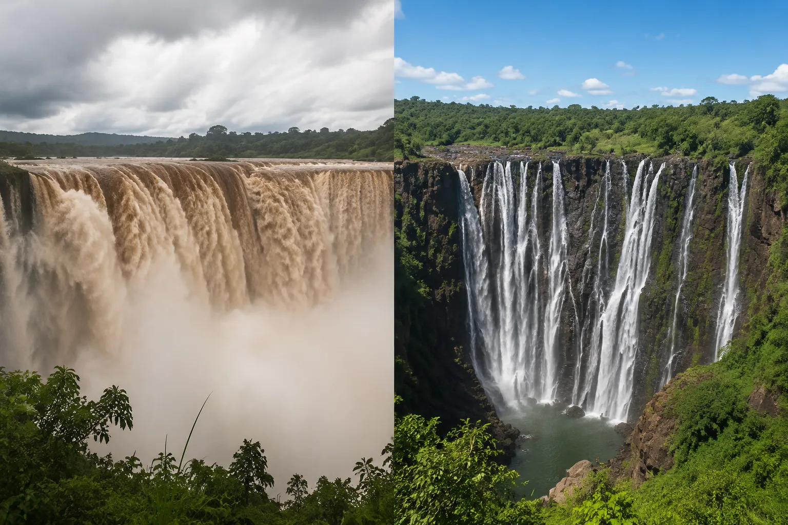 Kalandula Falls compared in the wet season and the dry season