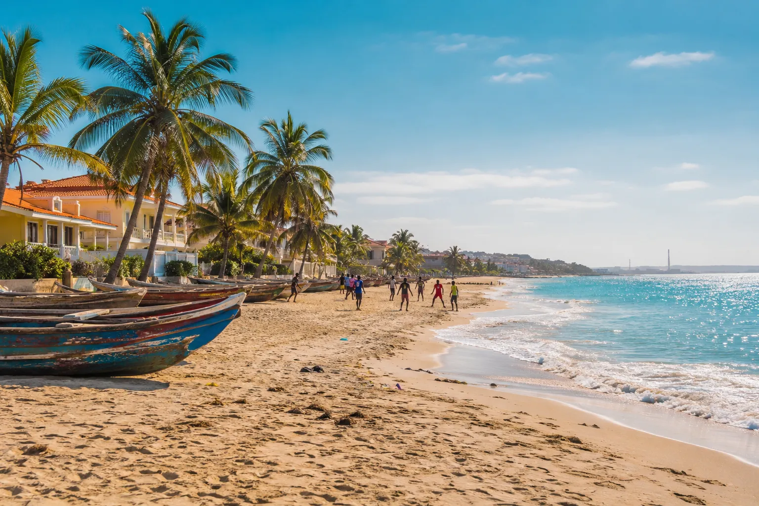 Restinga Beach with golden sand and fishing boats in Lobito