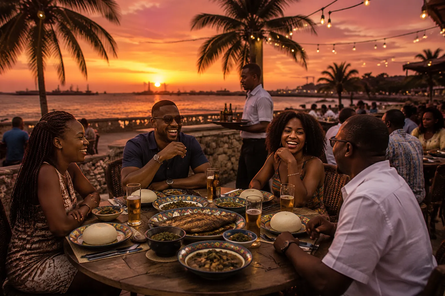 A seafront restaurant terrace at sunset in Lobito