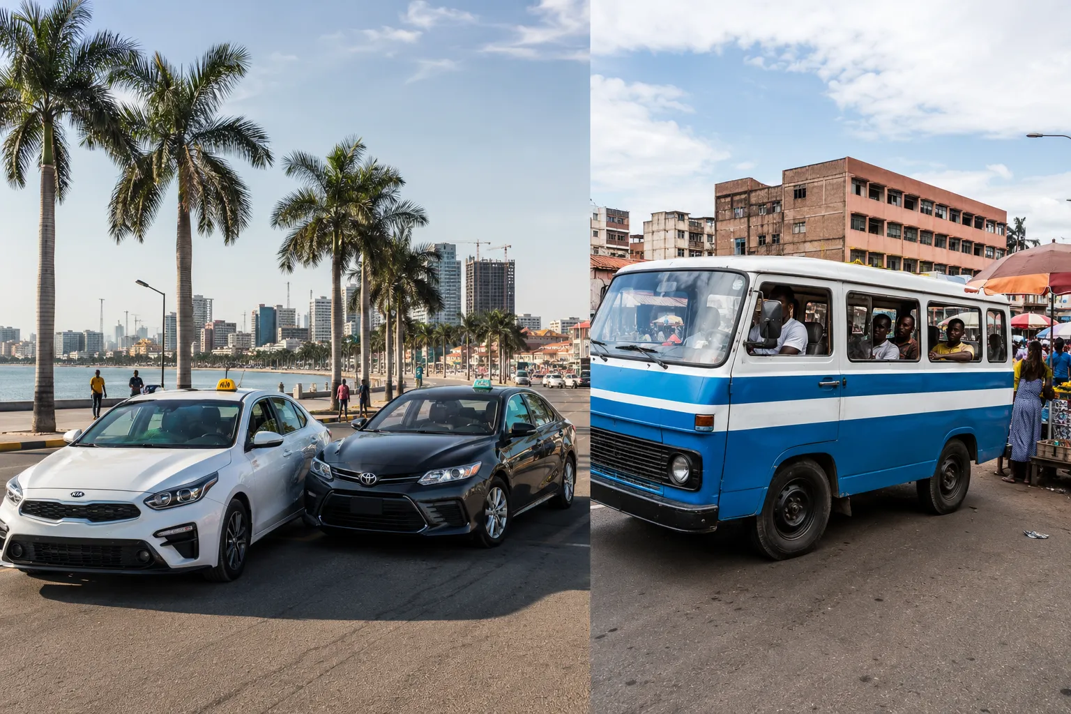 Luanda transport options, from registered taxis to blue-and-white candongueiro minibuses