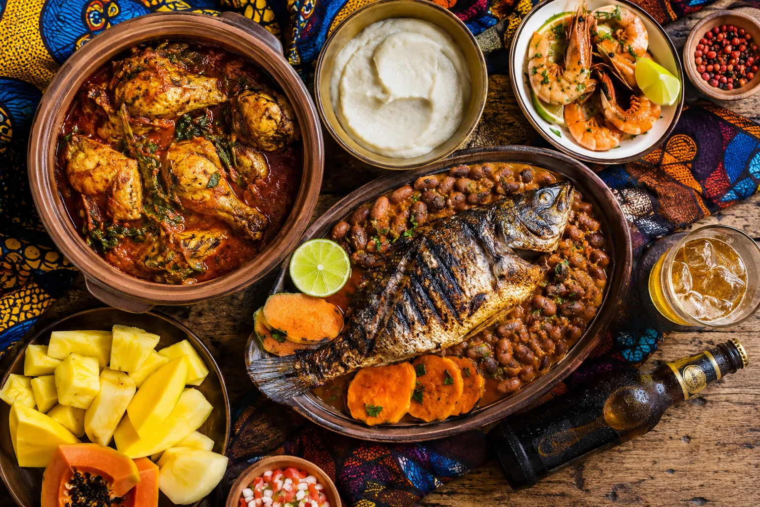 A spread of Angolan dishes including muamba de galinha and grilled mufete fish