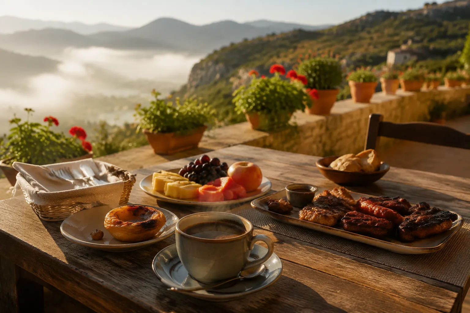 A highland hotel terrace at breakfast overlooking the misty Huíla highlands