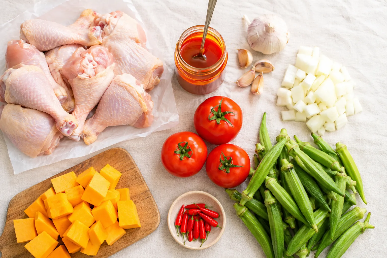 Raw ingredients for muamba de galinha: chicken, red palm oil, garlic, tomatoes, okra and butternut squash