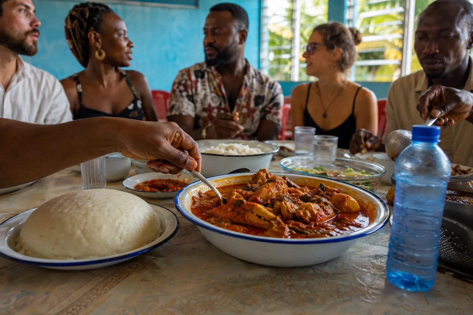 A shared table in a casual Angolan eatery with muamba de galinha, funge and rice