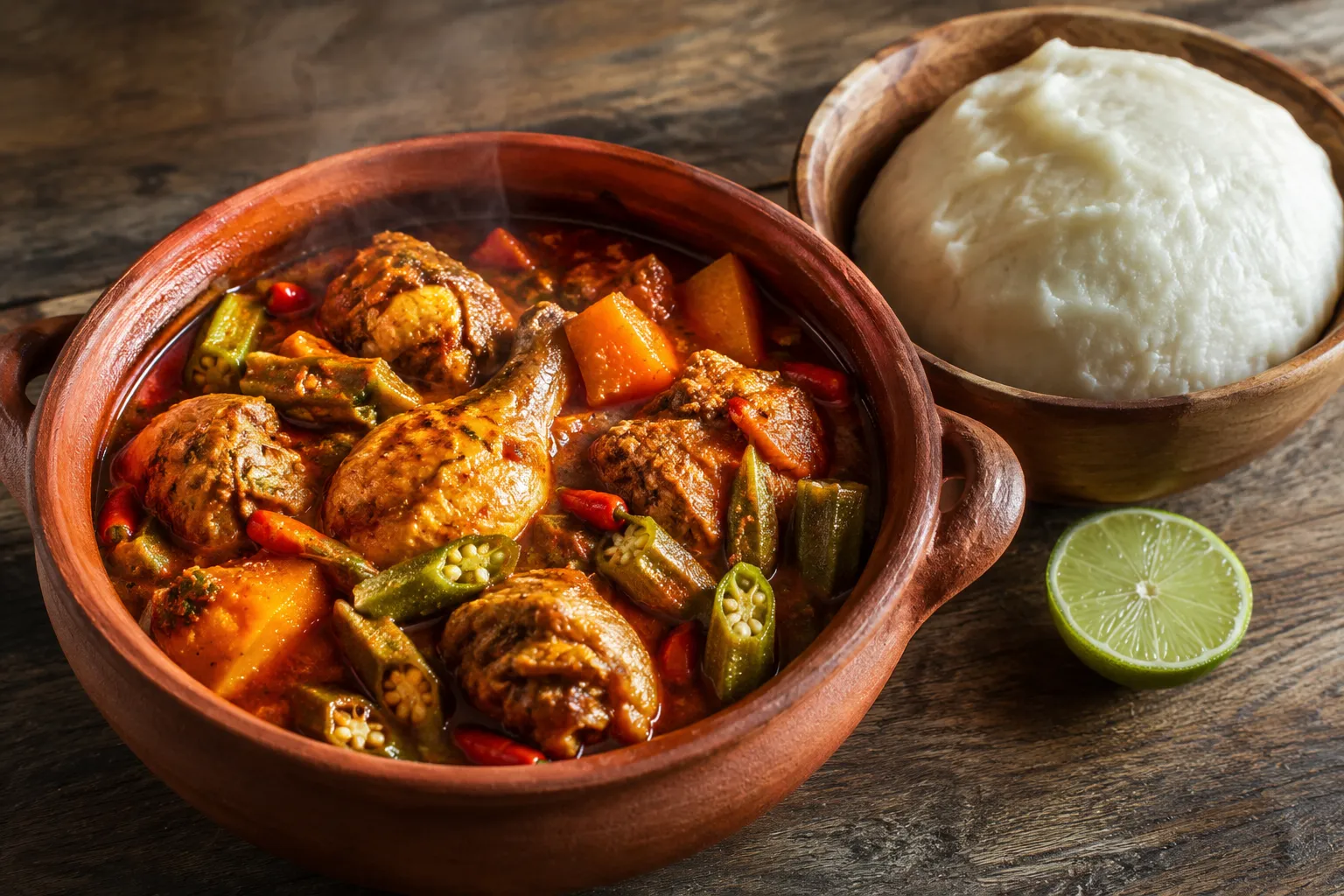 A clay pot of red-orange muamba de galinha with okra and squash beside a mound of pale funge