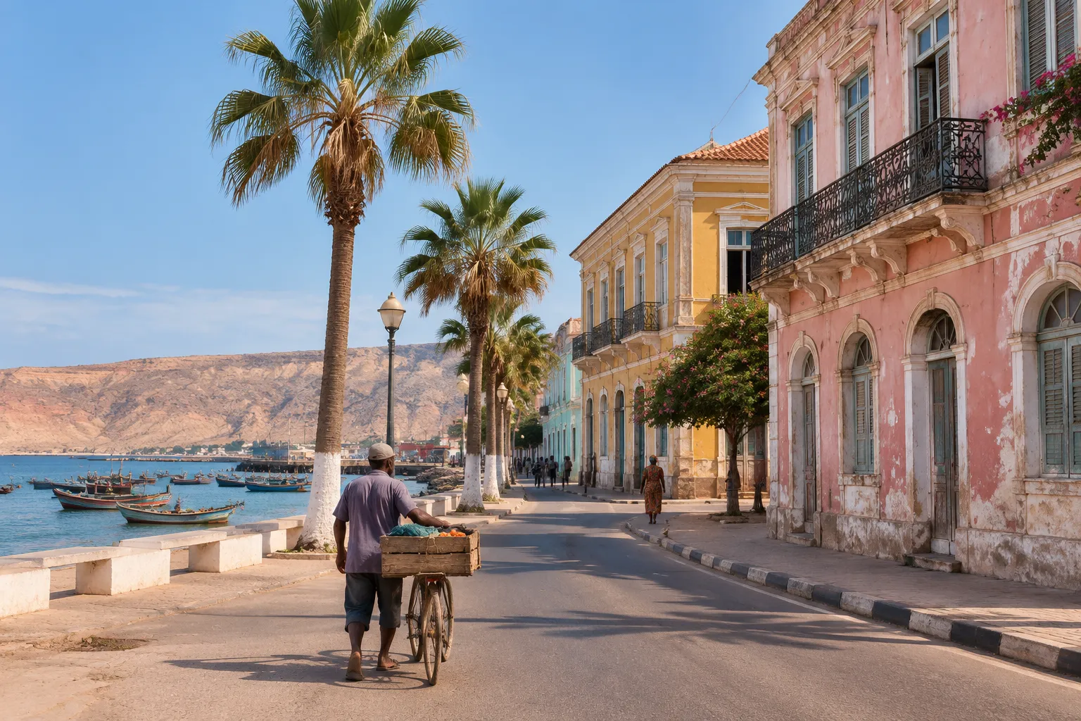 The pastel colonial waterfront of Moçâmedes (Namibe city)