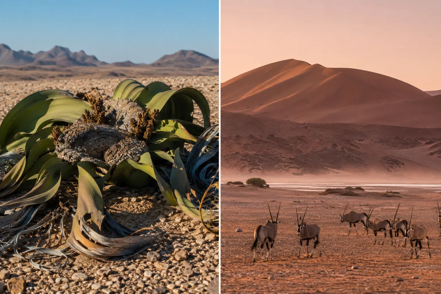 An ancient welwitschia plant and oryx in Iona National Park