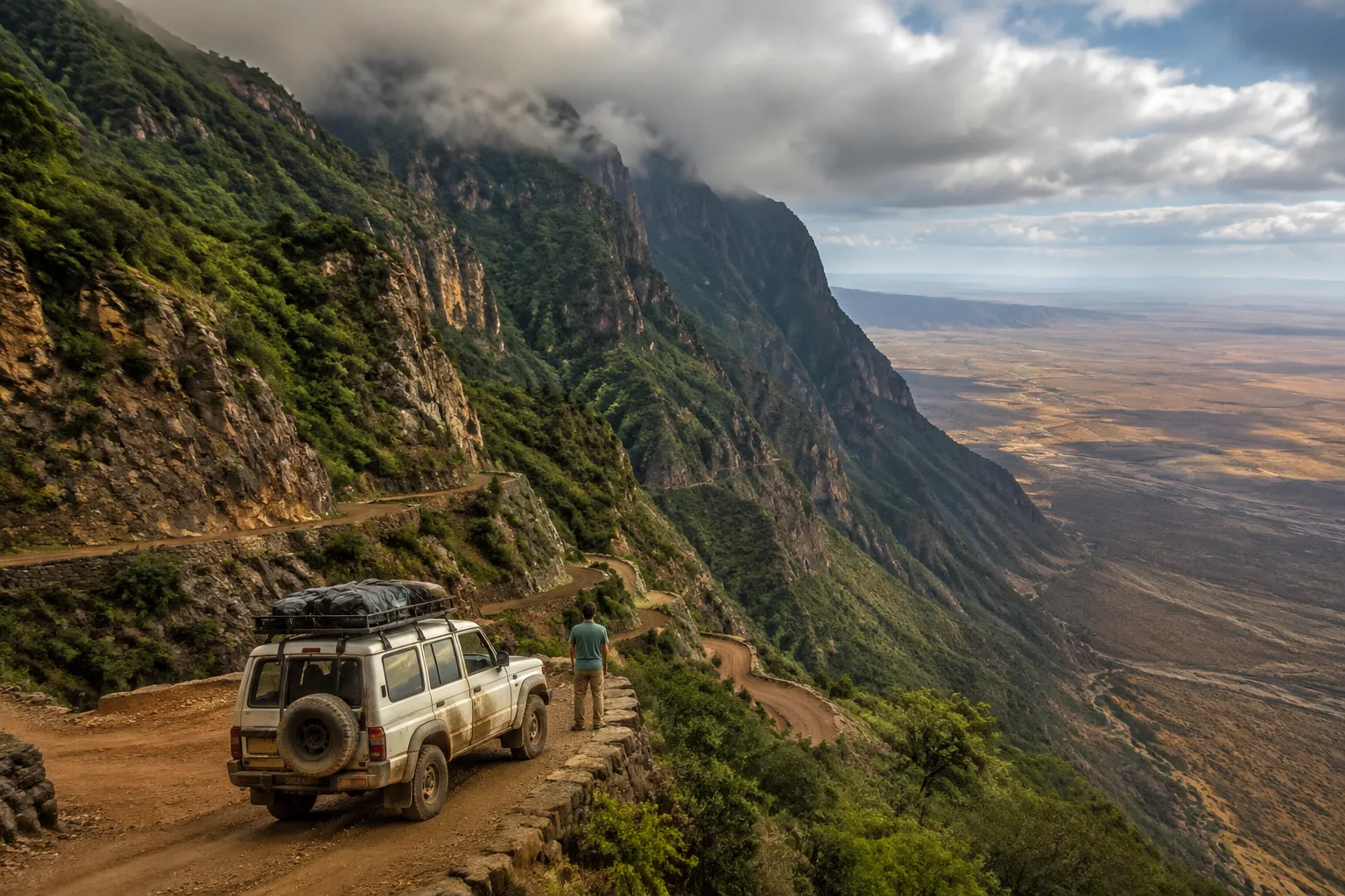 A 4x4 descending the Serra da Leba pass toward Namibe