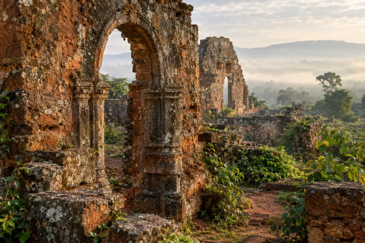 Weathered stone masonry and arched doorway of the ruined 16th century cathedral at Mbanza Kongo