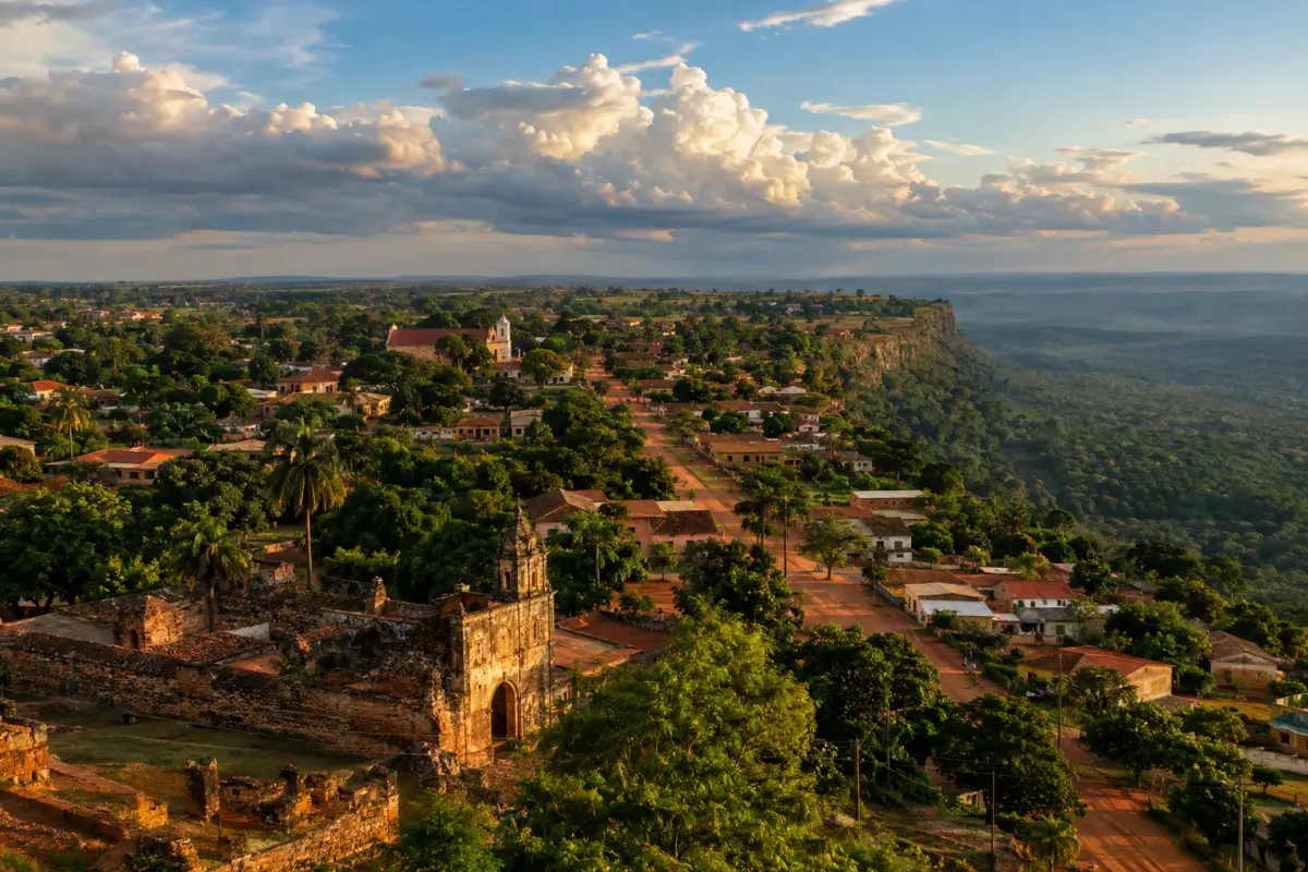 Mbanza Kongo seen from above: the town on its 570 metre plateau in northern Angola, with stone ruins in the foreground