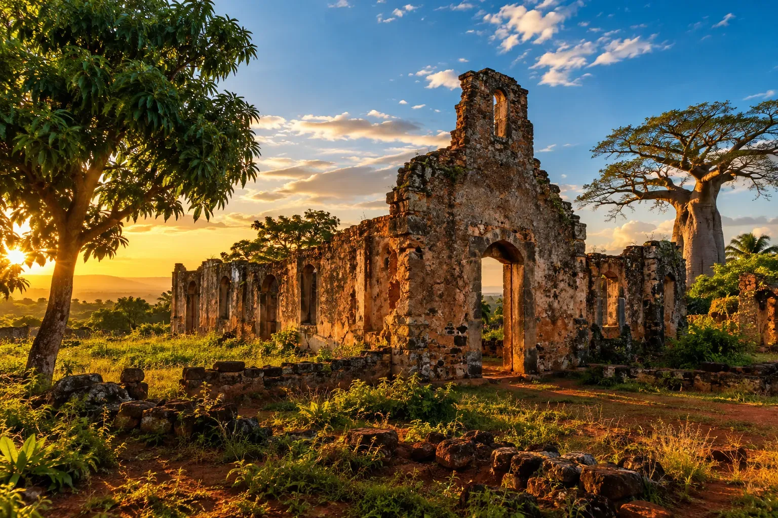 Stone ruins of the Kulumbimbi cathedral on the Mbanza Kongo plateau in northern Angola at golden hour