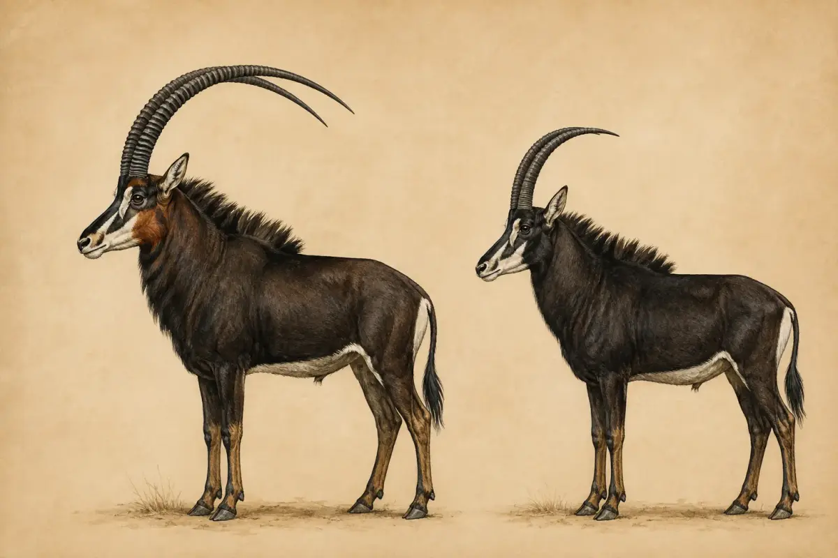 A giant sable bull beside a common sable, showing the longer and more deeply swept horns of the giant sable