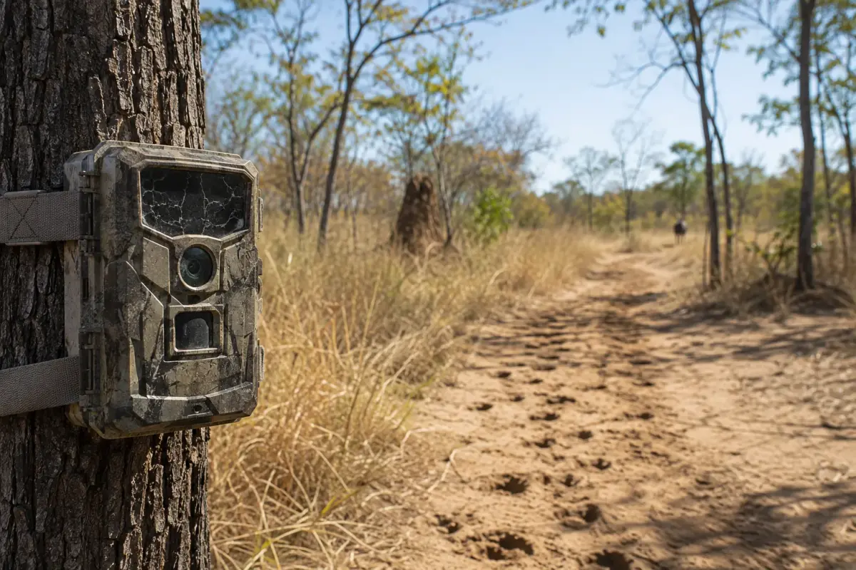 A camera trap strapped to a miombo tree facing a sandy game trail in Cangandala National Park