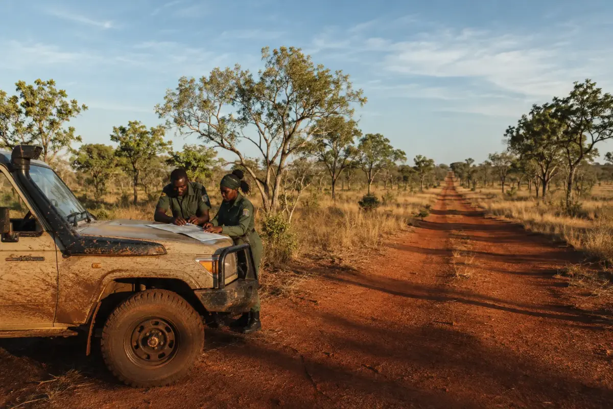 Angolan park rangers studying a map on a 4x4 beside a red-earth track in Malanje province