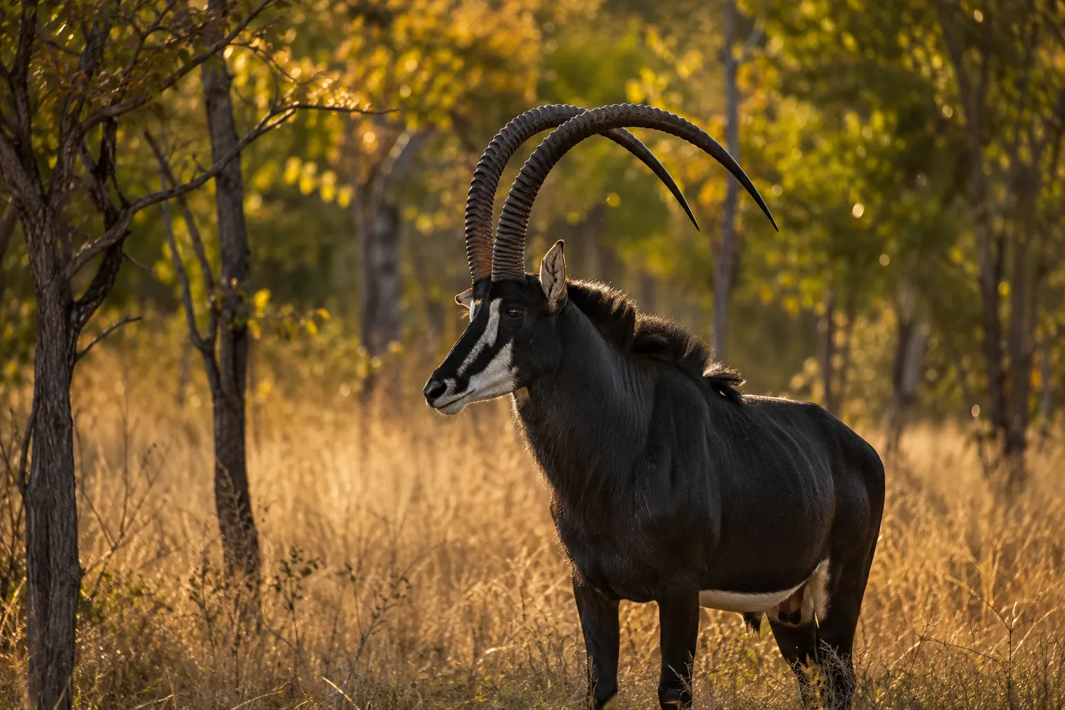 A giant sable antelope with long curved horns in miombo woodland in Malanje province
