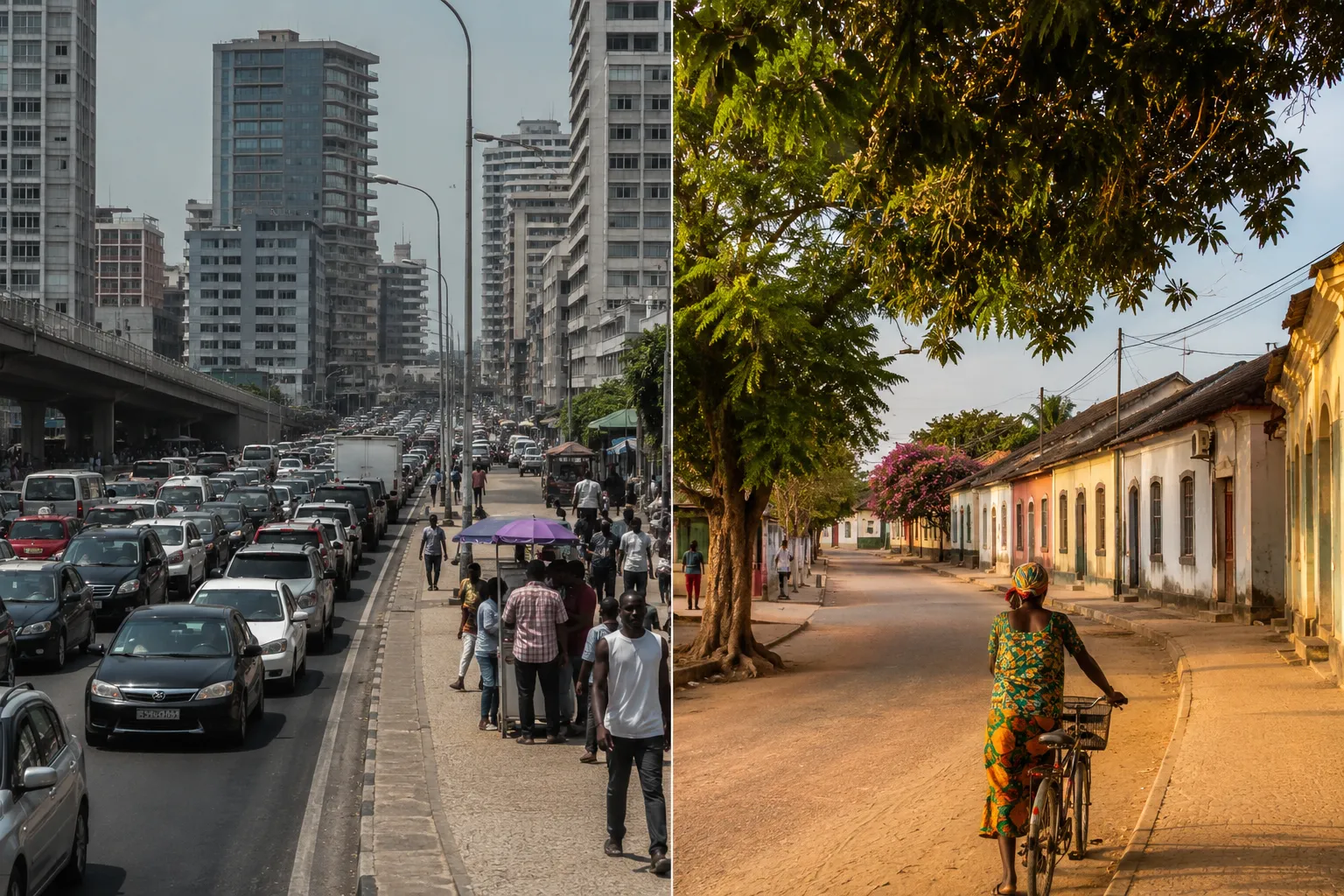 A busy high-rise Luanda avenue beside a quiet pastel side street in Benguela