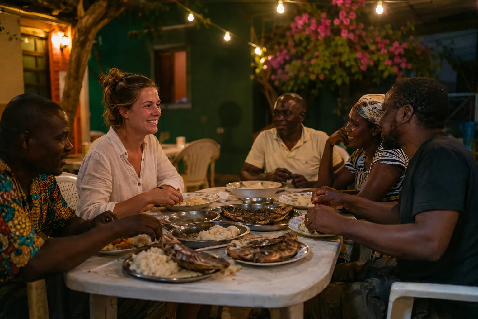 A solo traveller sharing grilled fish and funge with local diners in a guesthouse courtyard