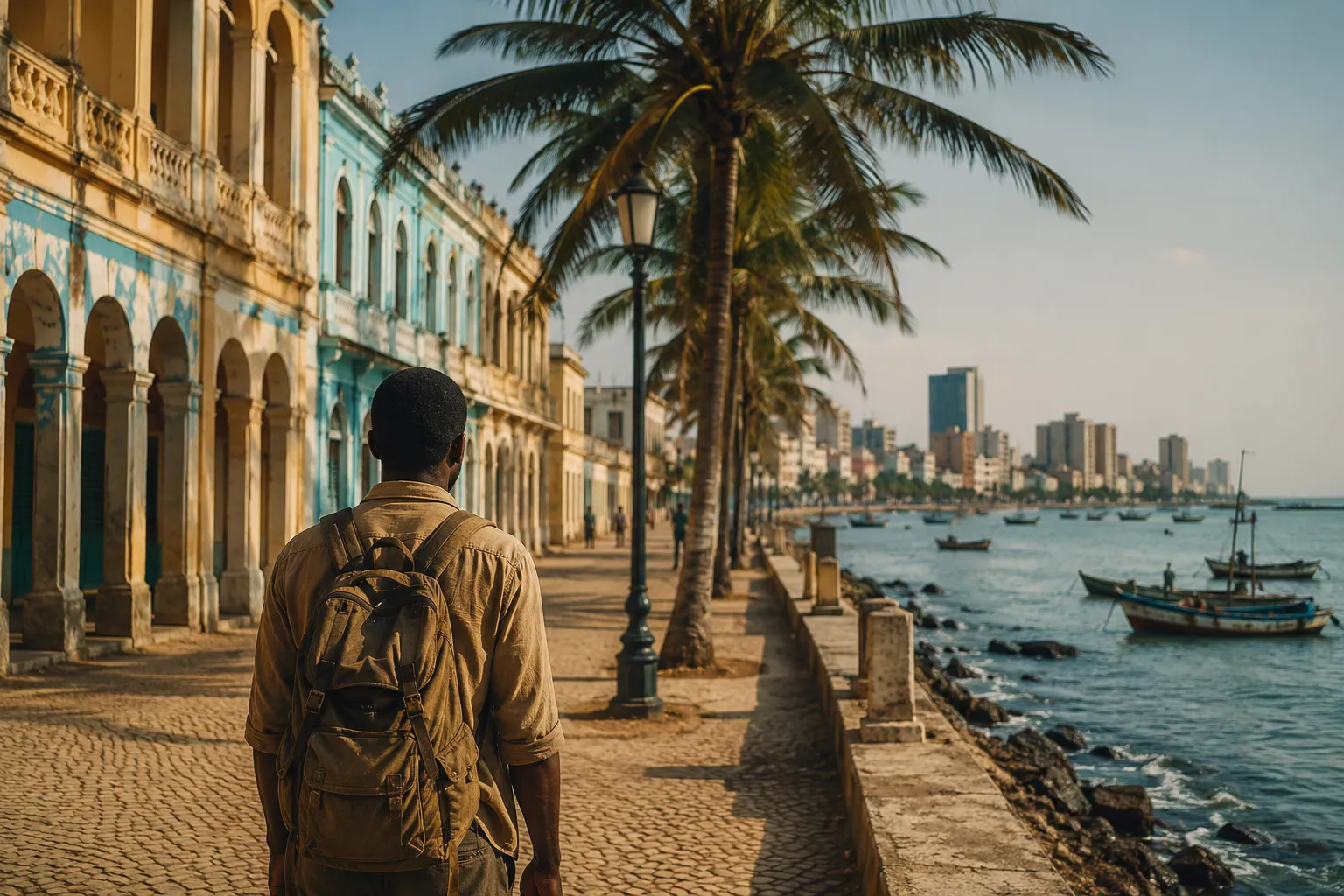 A lone traveller with a backpack looking out at the Atlantic from a palm-lined seafront in Angola