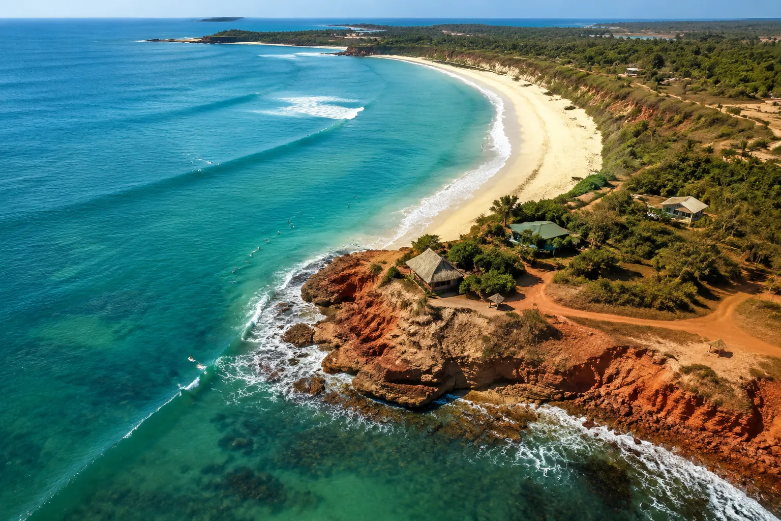 An aerial view of the bay and point break at Cabo Ledo