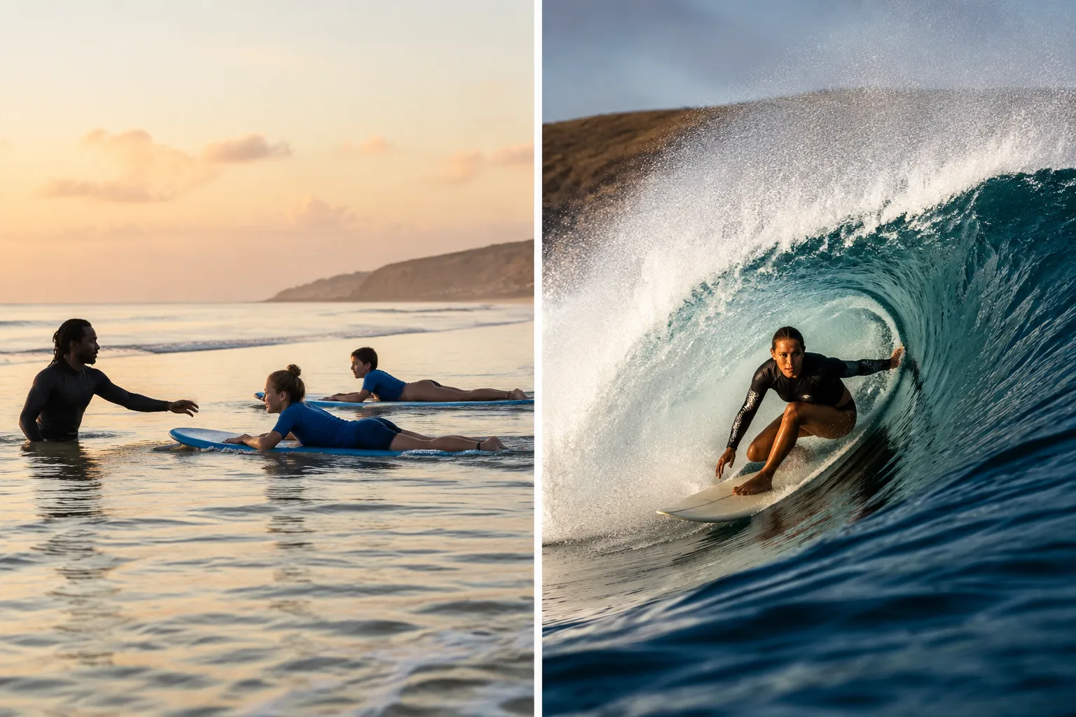 Beginner and experienced surfers on Angolan waves