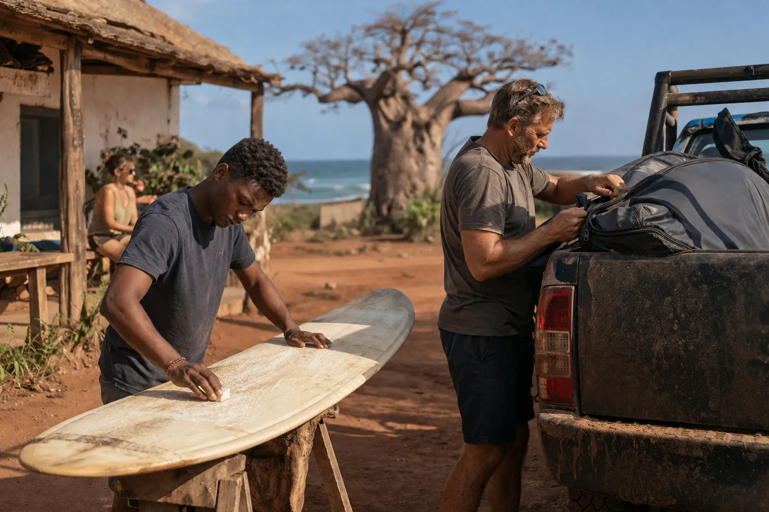 Travelers loading surf gear at a beach camp south of Luanda