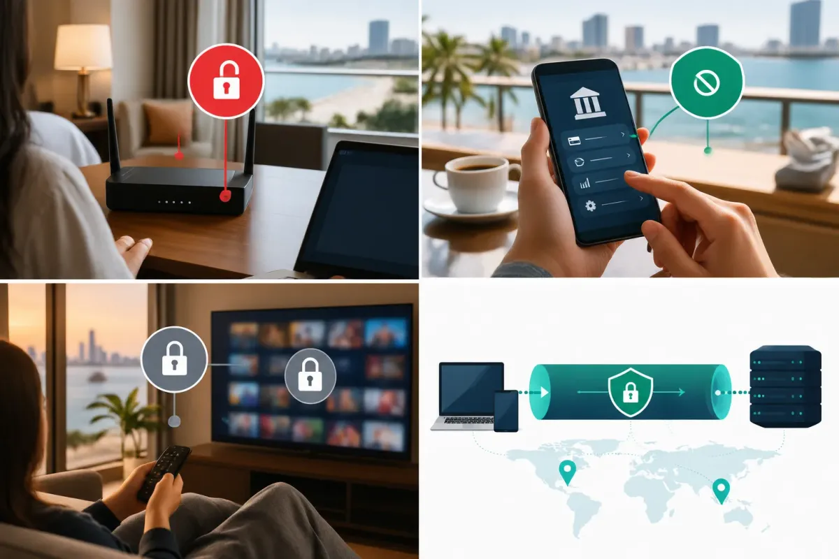 Four travel scenes showing why a VPN helps: a hotel Wi-Fi router, a mobile banking app, streaming in a hotel room and an encrypted connection to a server