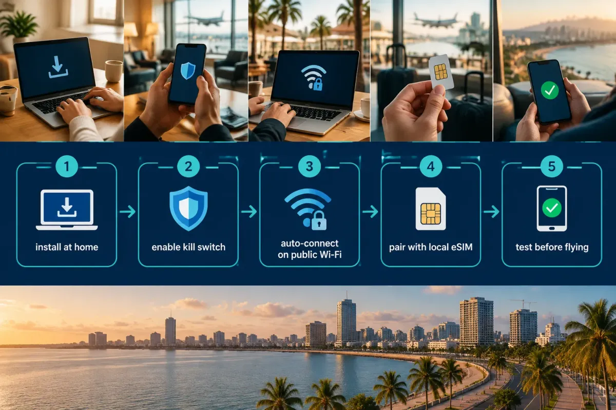 Five steps to set up a VPN before a trip to Angola: install at home, enable the kill switch, auto-connect on public Wi-Fi, pair with a local eSIM and test before flying