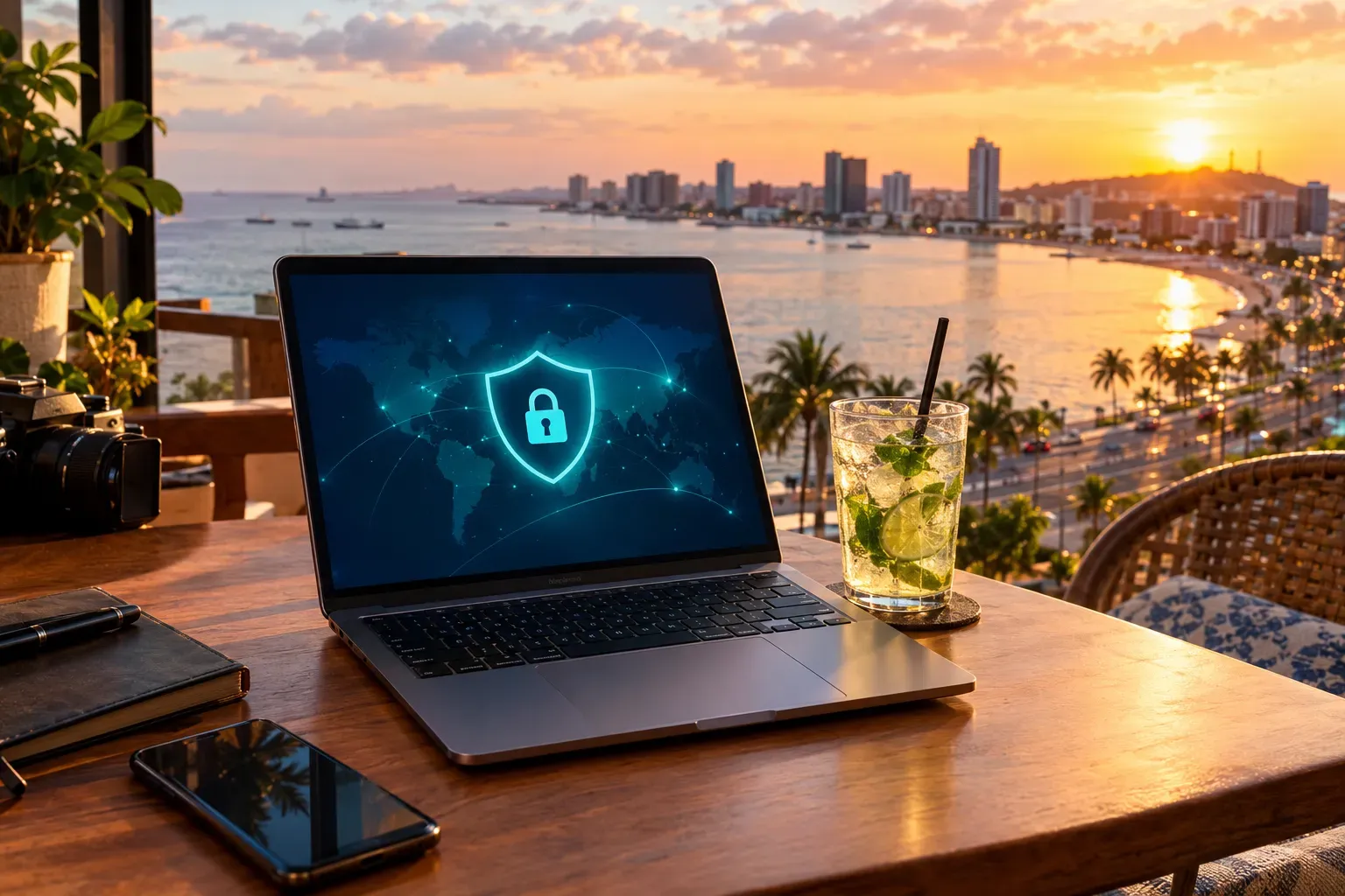 Laptop showing a security shield on a café table overlooking a palm-lined bay at sunset