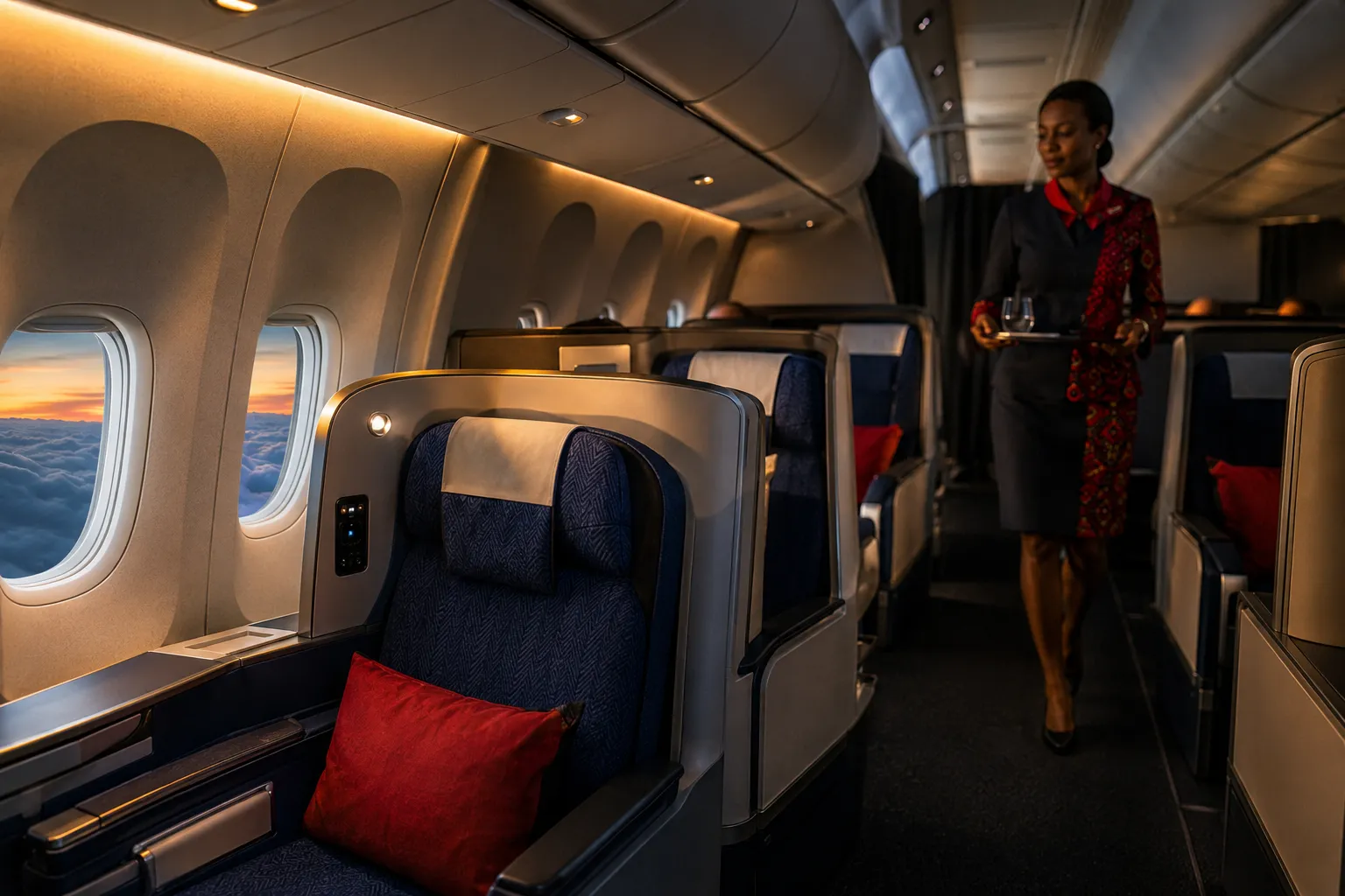 The cabin interior of a long-haul aircraft