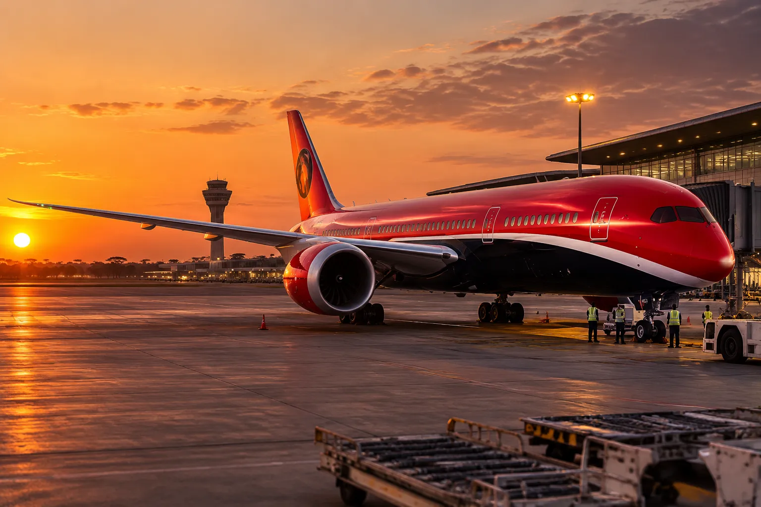 A widebody airliner on the apron at Luanda's international airport at golden hour