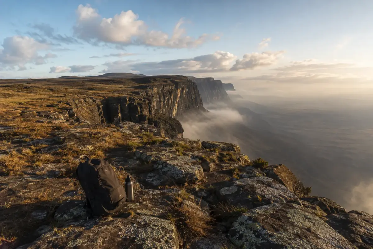 The unfenced rim of the Tundavala escarpment with mist rising from the drop
