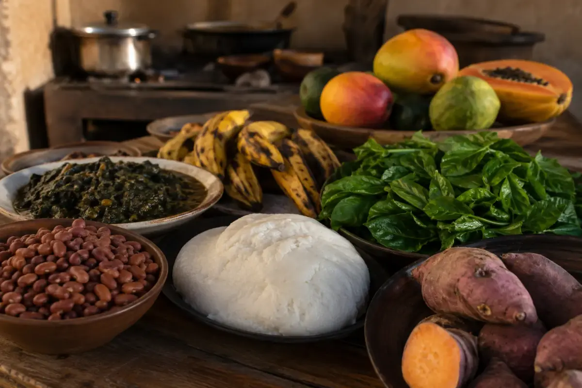 Stewed cassava leaves simmering in a pot beside dried shrimp and dried salted fish