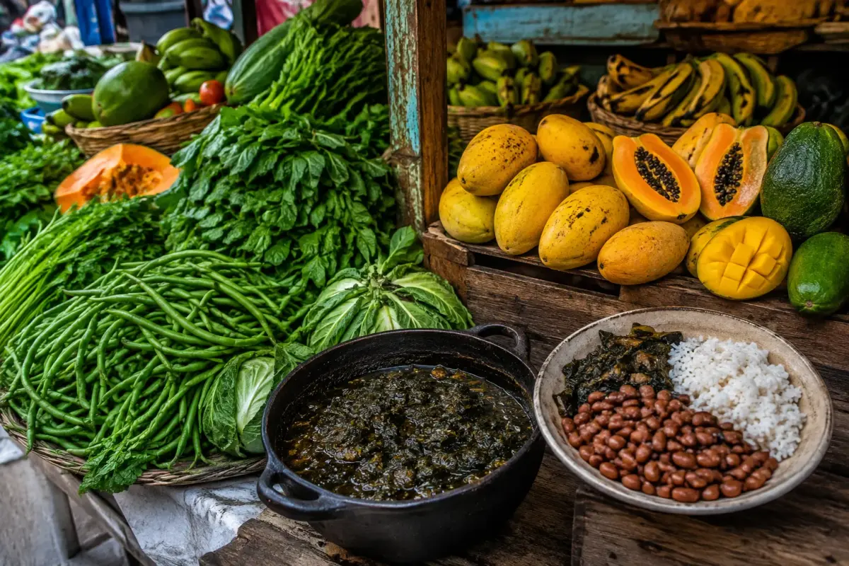 An open-air Angolan market stall with mangoes, papayas, cassava, greens and groundnuts