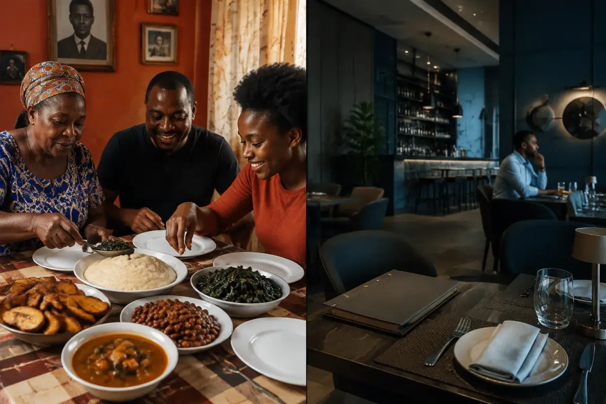 An Angolan family sharing funge, beans and greens beside a modern Luanda restaurant interior